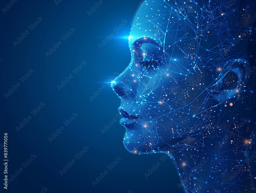 Poster ai, artificial intelligence. ai digital brain. robotics concept. human face made from polygon. illus