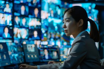 Businesswoman in front of multiple video conference screens, symbolizing remote work and global communication.