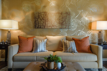 A modern living area with wallpaper that features abstract plant patterns, blending artistic interpretations of plant forms with contemporary design elements - Generative AI