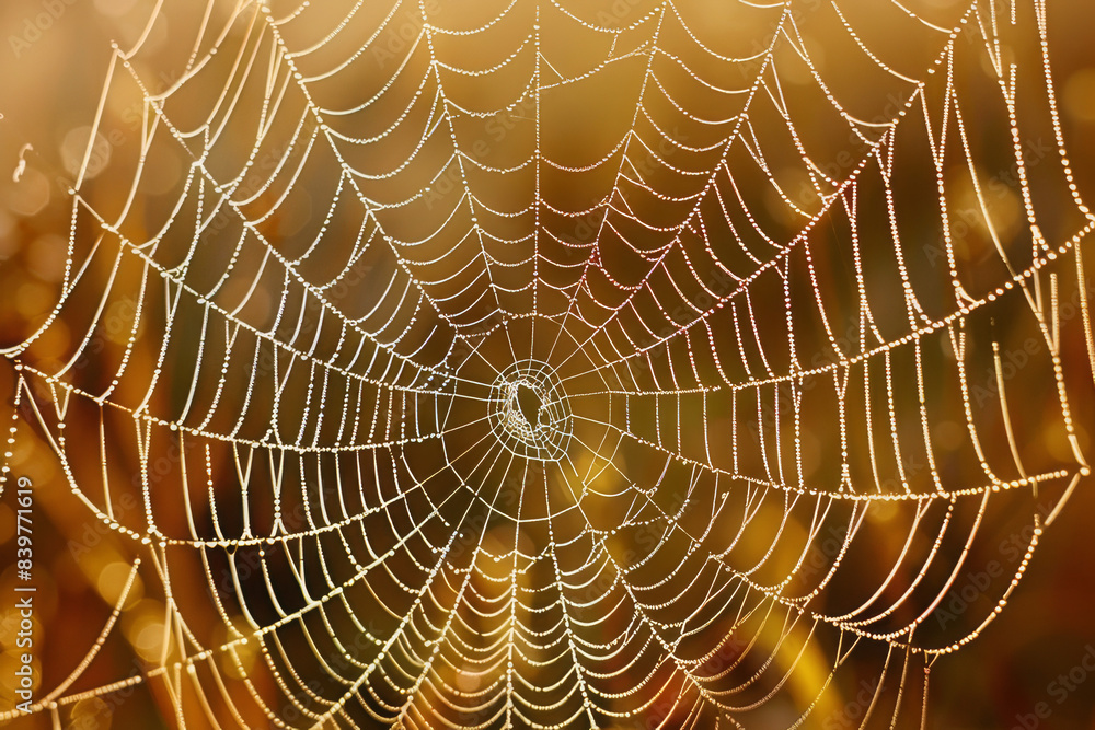 Wall mural an image showcasing a spiderweb glistening with morning dew, highlighting the delicate threads and t