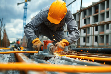 worker grinding a piece of metal, wear complete safety equipment