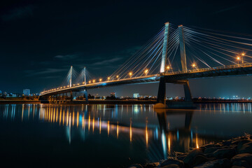 Obraz premium The image should convey the bridge as a beacon of modernity and progress, with lights reflecting on the water below or accentuating the structural elements - Generative AI