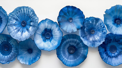 Obraz premium tie-dye circles, white background, blue ink on paper,generative ai