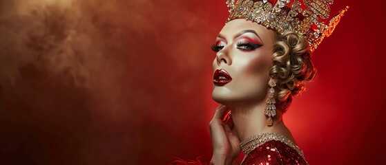 Drag queen with a crown, royal palace backdrop, LGBTQ royalty, striking a queenly pose, regal drag queen, royal pride event