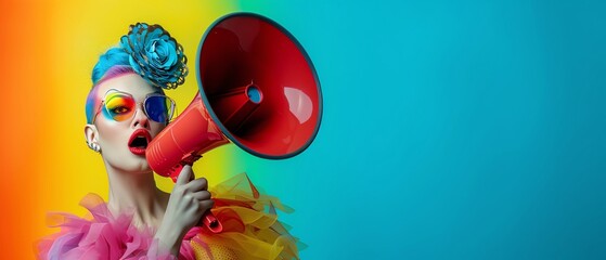 Drag queen with a megaphone, activist march background, LGBTQ rights, striking a vocal pose, vocal drag queen, pride activism event