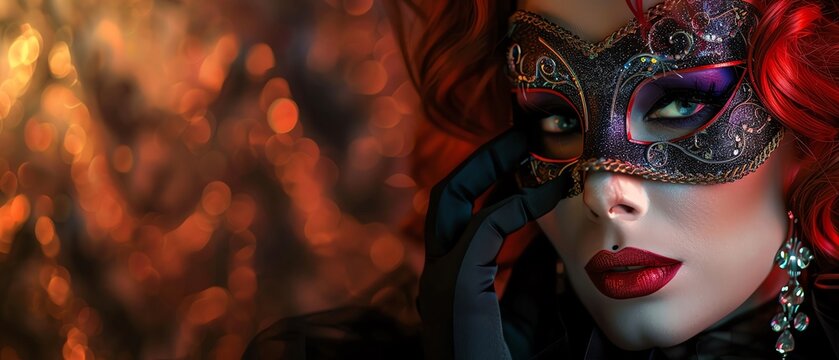Drag queen with a masquerade mask, Venetian carnival backdrop, LGBTQ mystery, striking an enigmatic pose, masked drag queen, masquerade pride event