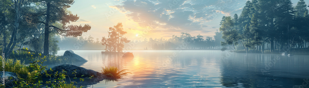 Wall mural Tranquil Lakeside Morning with Misty Mountains