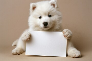 A cute and fluffy white dog, possibly a Samoyed or a Spitz, stands against a warm beige background while holding a blank, crumpled piece of paper in its paws. 