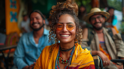 Obraz premium Latin business woman transgender on wheel chair and friends having fun at terrace office in Mexico Latin America generative ai