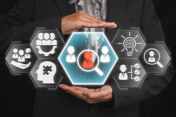Onboarding concept, Businesswoman hands holding Onboarding icon on virtual screen.