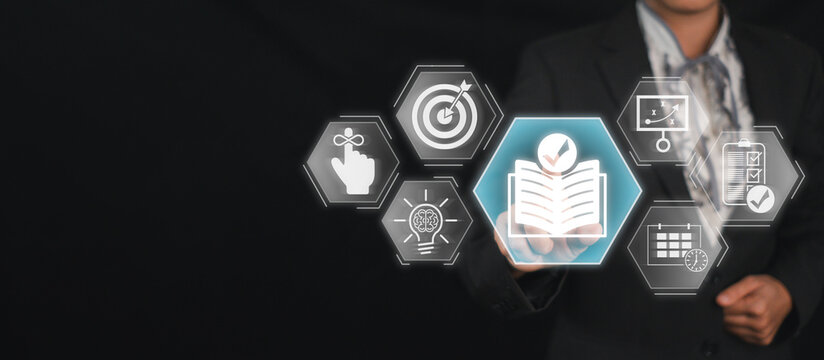 Bullet journaling concept, Businesswoman hand touching Bullet journaling icon on virtual screen.