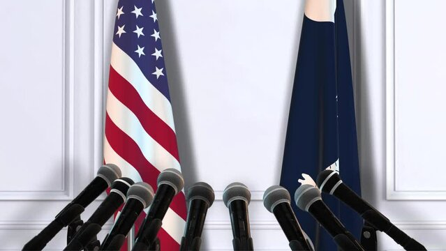 South Carolina and USA Flags with Microphones. Official Press Conference of States of America Government