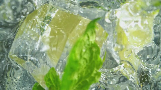 Super Slow Motion Shot of Ice Cube Falling into Glass with Lemonade at 1000fps with Camera Motion.