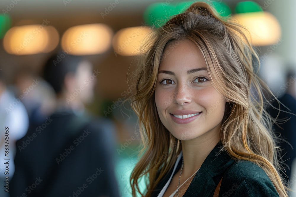 Aufkleber happy female entrepreneur discussing with delegates during networking event at convention center gen