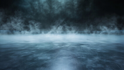 Abstract ice rink background with smoke, fog and a dark sky. A wide empty frozen floor for product presentation in the style of a hockey arena