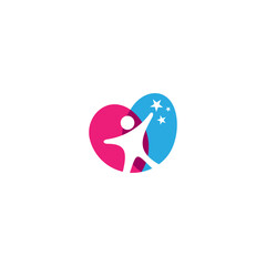 child reaching star logo in shape of love symbol in flat vector design