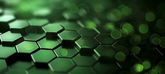 Hexagonal geometric shapes in the background enhance a green banner