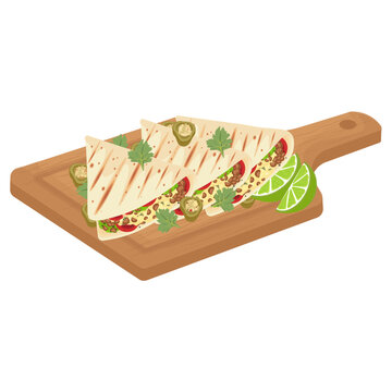 quesadillas on wooden board with lime clip art preview