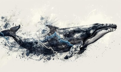 Obraz premium Blue whale breach flat design side view waves water color black and white