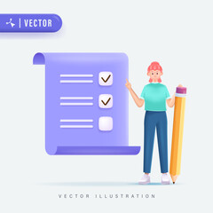 Pink Haired Woman Holding Big Pencil with Checklist Paper Behind. 3D Style Vector Illustration. Successfully complete business assignments, time management, work planning, organization of daily goals.