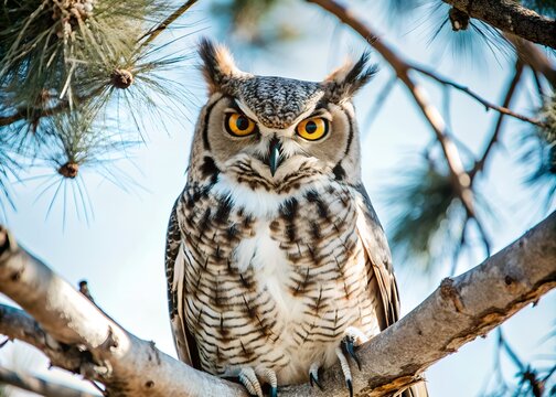 great horned owl perched on a branch of a tree. The owl is looking directly at the camera with a serious expression.  rada tilly , comodoro rivadavia, chubut, patagonia argentina 