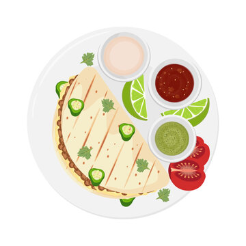 quesadilla with sauces and lime on plate clip art preview