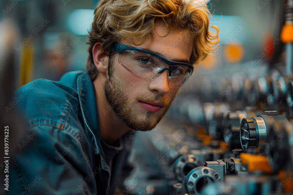 Poster a factory worker assembling parts on a production line. concept of industry and efficiency. generati