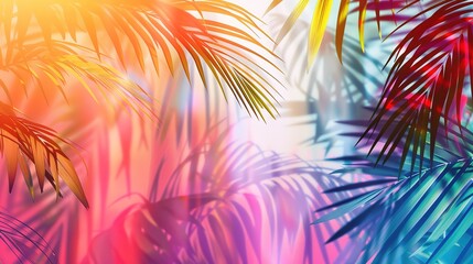 trendy summer Bali style floral patter background with copyspace , colorful leaves palm shape art wallpaper, Summer colors botanical tropical leaves ,sun light and shadows, pink, yellow leaf .
