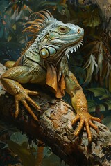 Green Iguana Resting on Tree Branch in Tropical Habitat