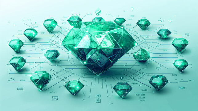 Modern revenue sharing: a glossy money pack at the center, green diamonds distributed to minimalistic users, on a sleek gradient background.generative ai