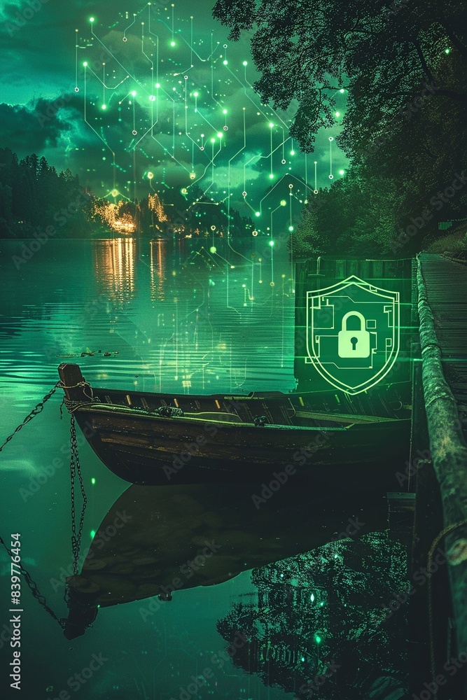 Poster peaceful boat docked at idyllic pier with serene water and skyfuturistic digital artwork featuring a