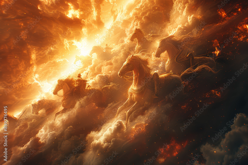 Poster a detailed ancient fresco showing flying chariots and celestial battles. concept of mythological int