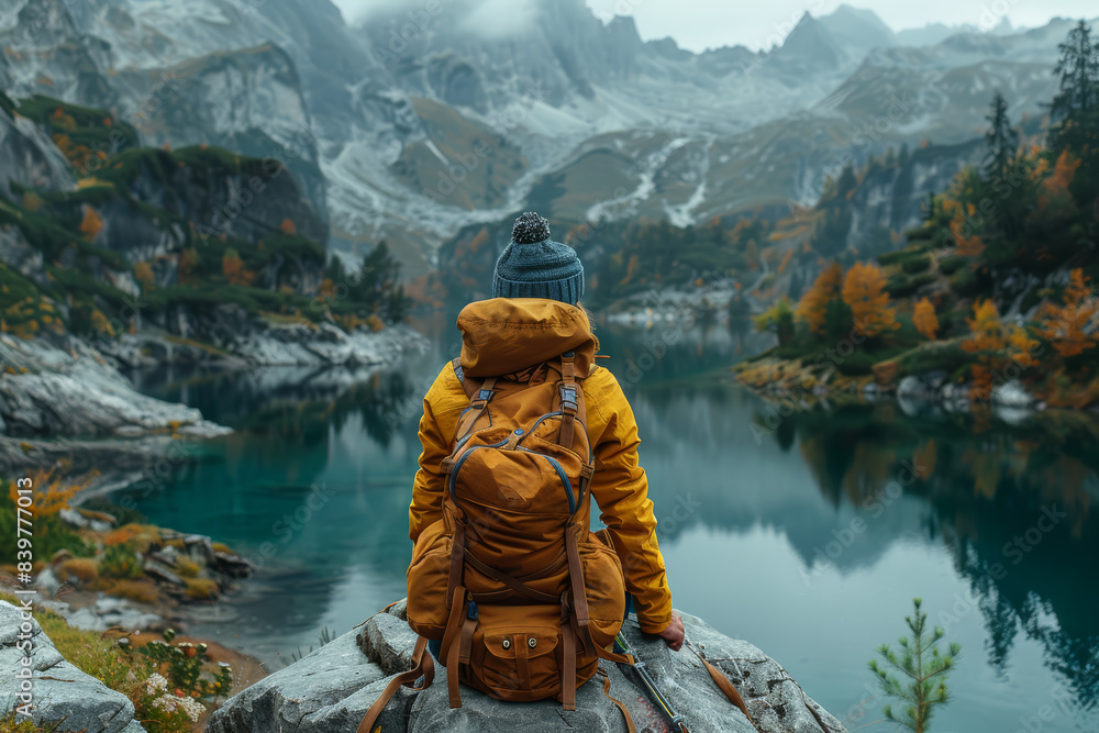 Poster a backpacker resting on a rock, admiring the view of a tranquil lake. concept of solitude and reflec