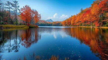 Fototapeta premium Autumn Reflections in a Lake: Capture the rich, fiery colors of autumn leaves reflected in the calm waters of a lake, with the warm oranges and reds contrasted against the cool blues and greens of
