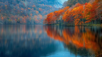 Naklejka premium Autumn Reflections in a Lake: Capture the rich, fiery colors of autumn leaves reflected in the calm waters of a lake, with the warm oranges and reds contrasted against the cool blues and greens of