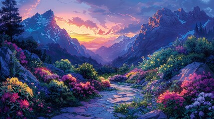 Blossoming Gardens at Dusk: Capture the rich, colorful blooms of a garden at dusk, with bright pinks, purples, and yellows contrasting against the deep blues and purples of the twilight sky. shiny,