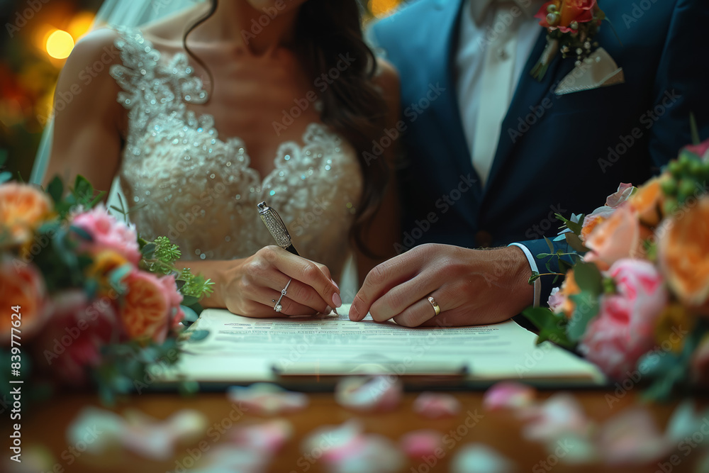 Poster a newlywed couple signing the marriage certificate. concept of legality and new beginnings. generati