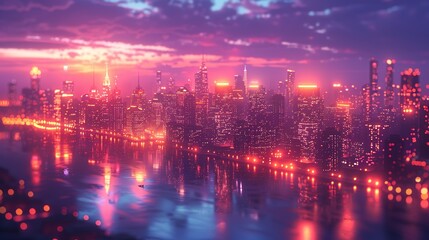 Fototapeta premium City Lights at Night: Showcase the vibrant glow of city lights against the dark, deep blues and purples of the night sky, creating a striking and modern urban landscape. shiny, Minimal and Simple,