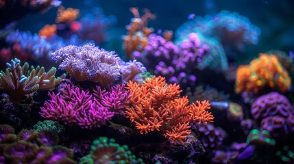 Coral Reefs Underwater: Capture the vibrant colors of coral reefs, with their rich reds, oranges, and purples contrasting against the deep blues and greens of the ocean, highlighting underwater