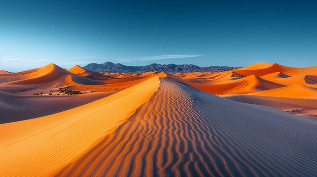 Desert Dunes Under a Midnight Blue Sky: Showcase the striking contrast of warm, golden sand dunes against the deep, rich blues of a midnight sky, evoking a sense of mystery and wonder. shiny, Minimal