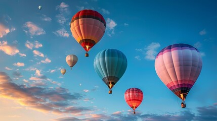 Obraz premium Hot Air Balloons in a Clear Sky: Highlight the vibrant patterns of hot air balloons soaring against a bright blue sky, showcasing the dynamic interplay of multiple complementary colors. shiny,