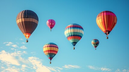 Naklejka premium Hot Air Balloons in a Clear Sky: Highlight the vibrant patterns of hot air balloons soaring against a bright blue sky, showcasing the dynamic interplay of multiple complementary colors. shiny,