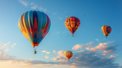 Fototapeta premium Hot Air Balloons in a Clear Sky: Highlight the vibrant patterns of hot air balloons soaring against a bright blue sky, showcasing the dynamic interplay of multiple complementary colors. shiny,