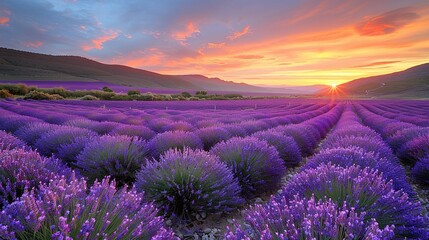 Lavender Fields at Sunset: Present the calming beauty of endless lavender fields with their deep purples juxtaposed against a sky painted in warm, pastel shades of orange and pink at sunset. shiny,