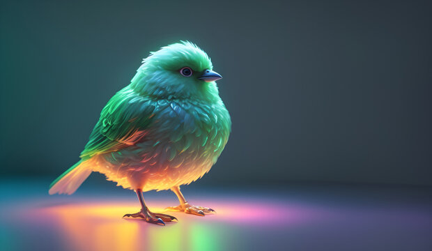 Cute 3d blue and green and yellow bird on grey background. Adorable little bird with copy space