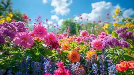 Obraz premium Spring Gardens in Full Bloom: Present the rich, colorful blooms of a spring garden, with bright pinks, purples, and yellows contrasting against the lush green foliage and blue skies. shiny, Minimal