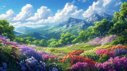 Spring Gardens in Full Bloom: Present the rich, colorful blooms of a spring garden, with bright pinks, purples, and yellows contrasting against the lush green foliage and blue skies. shiny, Minimal
