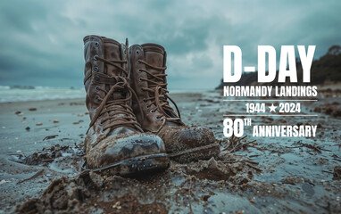 Vintage military boots on normandy beach, a tribute on the 80th anniversary of D-day landings