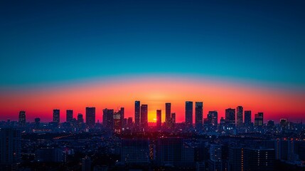 Sunset Over a City Skyline: Capture the dramatic colors of a sunset casting warm orange and red hues over the silhouette of a city skyline, with the cool blue sky providing a striking backdrop.