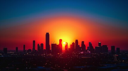 Sunset Over a City Skyline: Capture the dramatic colors of a sunset casting warm orange and red hues over the silhouette of a city skyline, with the cool blue sky providing a striking backdrop.